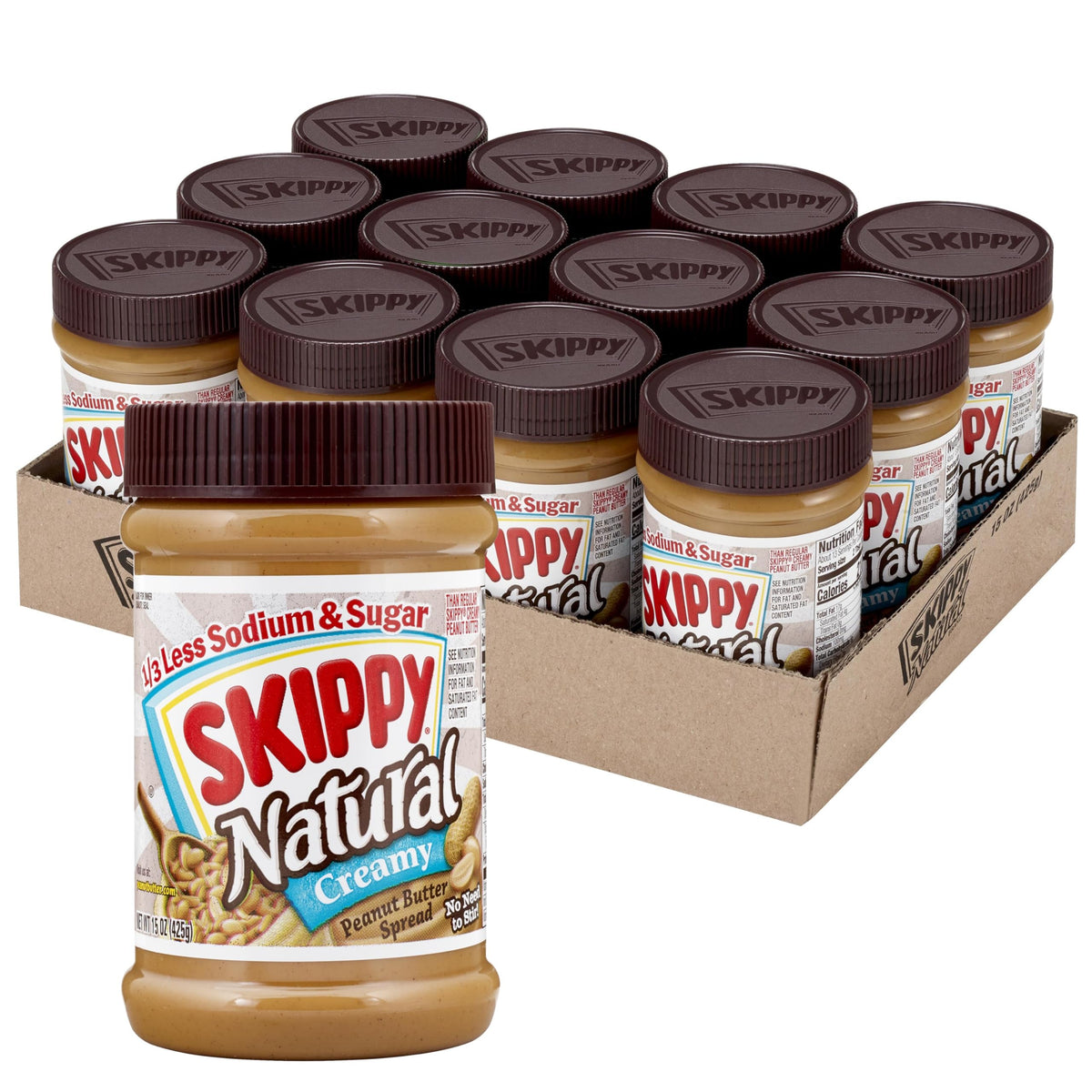 SKIPPY Natural creamy peanut butter in a jar with 1/3 less sodium and sugar.