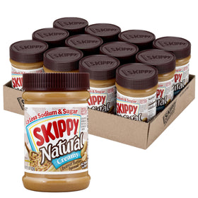 SKIPPY Natural creamy peanut butter in a jar with 1/3 less sodium and sugar.