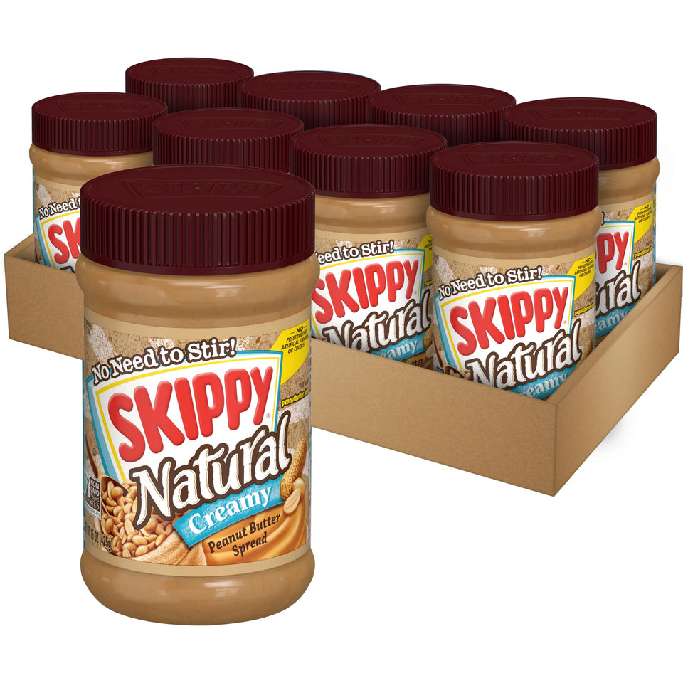 SKIPPY Creamy Peanut Butter Spread jar front view showing creamy richness and natural ingredients.