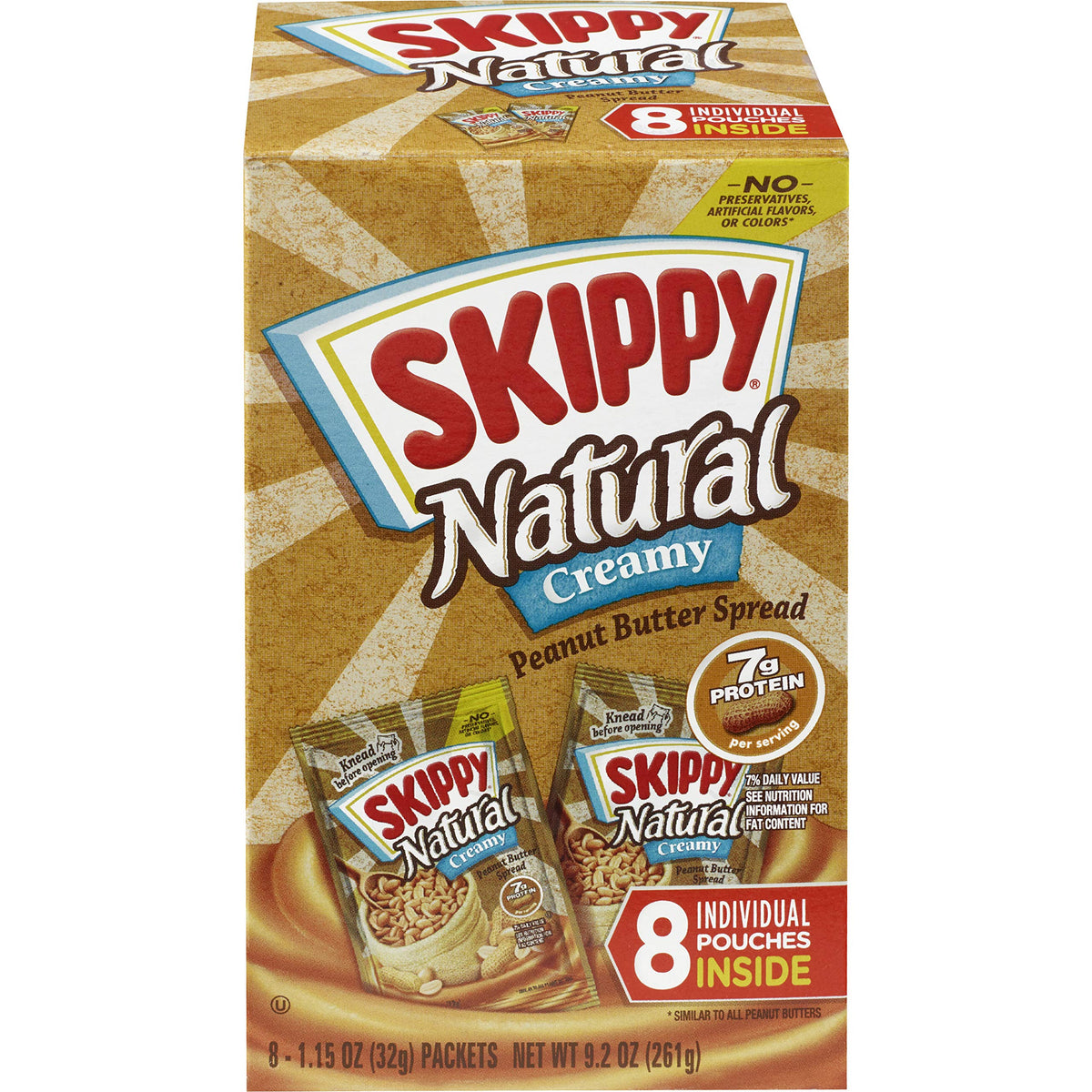 SKIPPY natural creamy peanut butter squeeze pack front view for portable snacking
