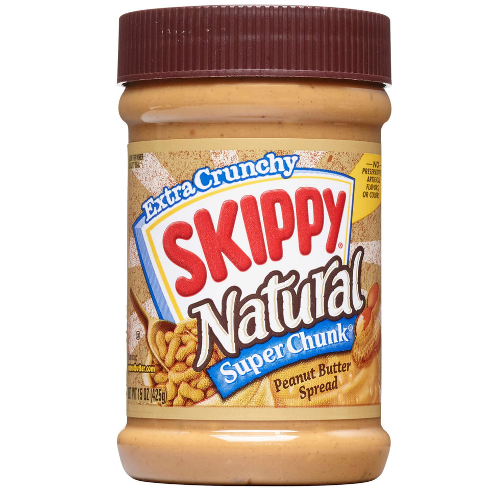 SKIPPY Natural SUPER CHUNK jar front shows a rich peanut spread for quick, protein-packed snacking.