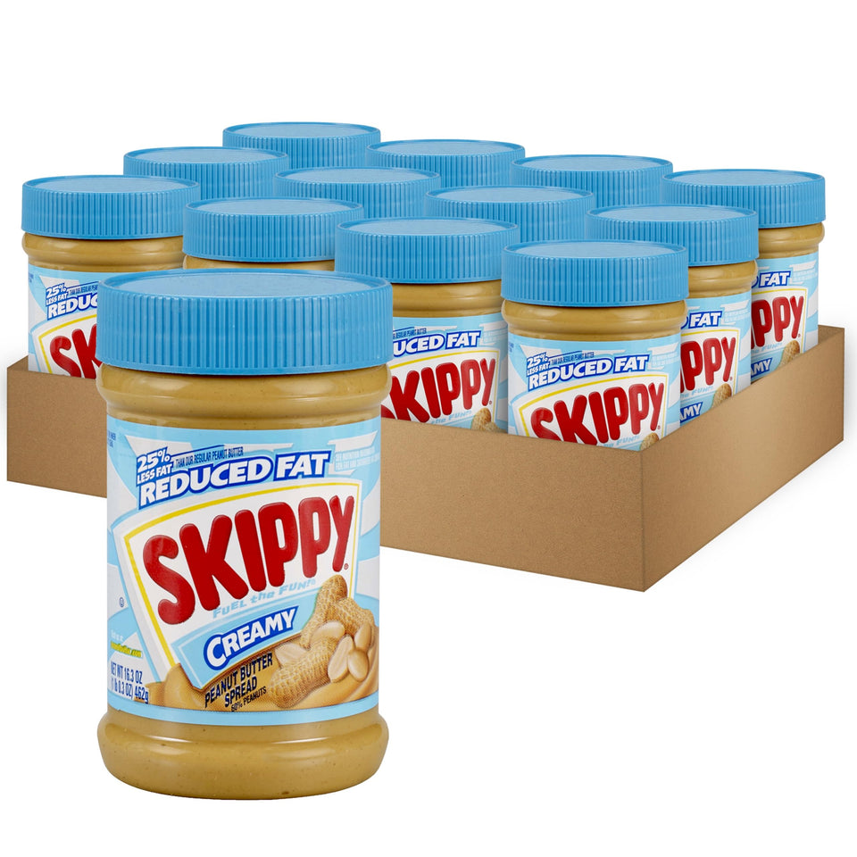 Skippy Reduced Fat Creamy Peanut Butter Jar with smooth texture and protein boost.