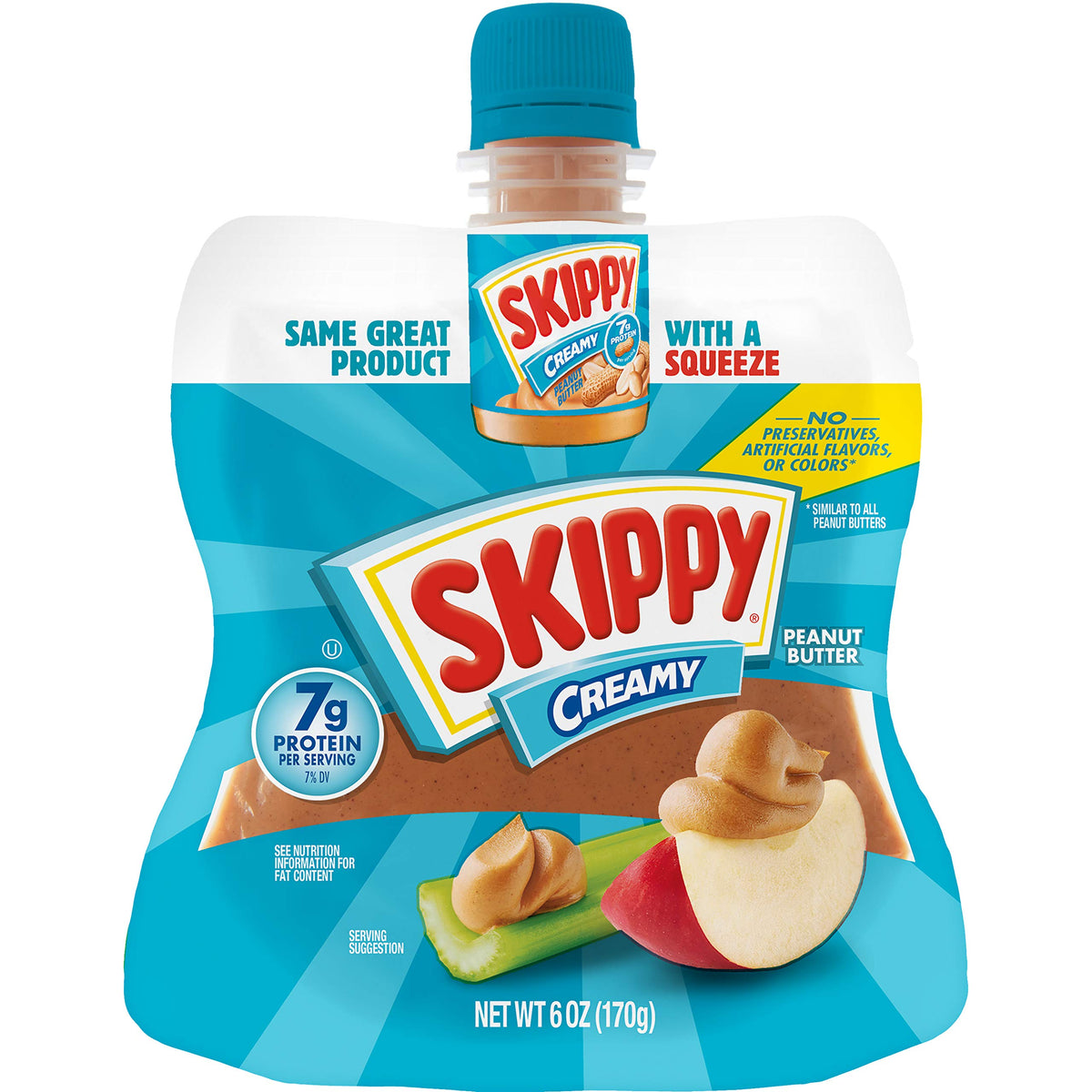 SKIPPY Squeeze Creamy Peanut Butter bottle with mess-free pour for on-the-go snacking.