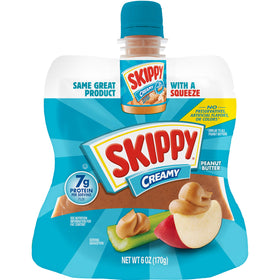 SKIPPY Squeeze Creamy Peanut Butter bottle with mess-free pour for on-the-go snacking.