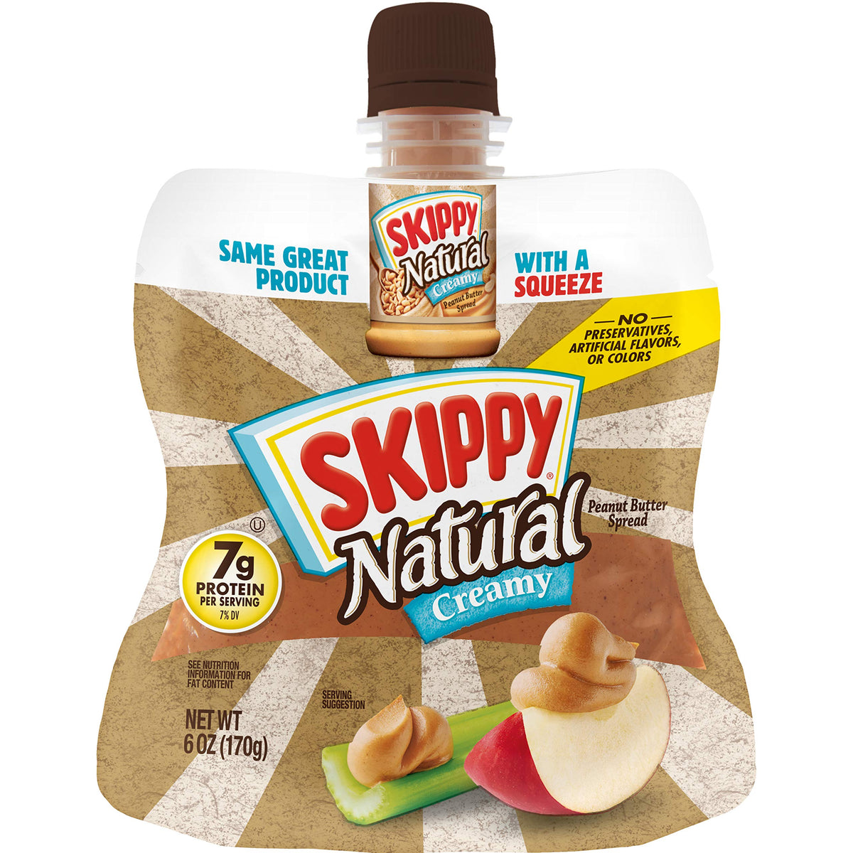 SKIPPY Squeeze bottle of natural creamy peanut butter for mess-free snacking.