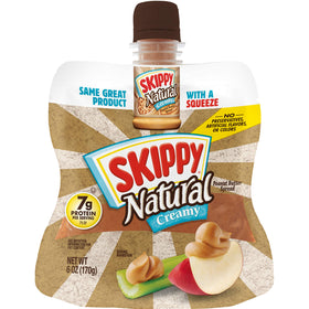 SKIPPY Squeeze bottle of natural creamy peanut butter for mess-free snacking.