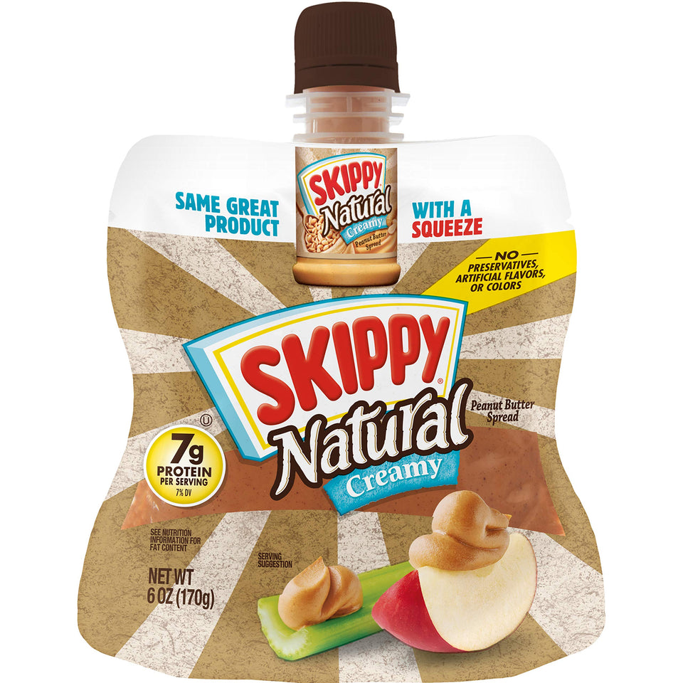 SKIPPY Squeeze bottle of natural creamy peanut butter for mess-free snacking.