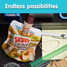 SKIPPY Squeeze in a kid's lunchbox demonstrates mess-free portability.