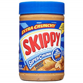 SKIPPY Super Chunk peanut butter jar with real roasted peanut pieces for crunch.