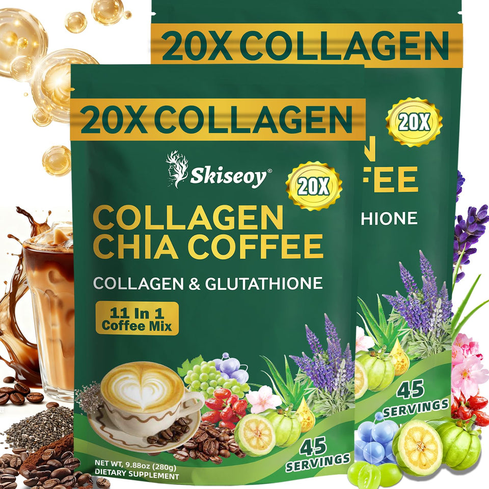 Skiseoy 20x Collagen Chia Coffee box front for daily energy.