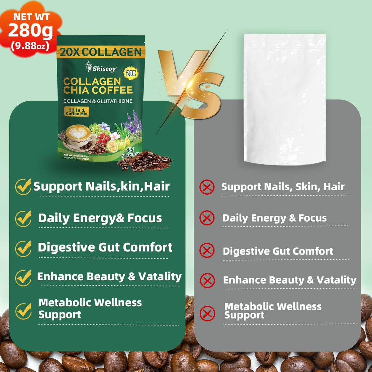 Skiseoy 20x Collagen Chia Coffee jar preserves freshness and aroma.