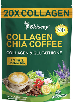 Skiseoy 20x Collagen Chia Coffee pack shot highlights premium blend for energized mornings