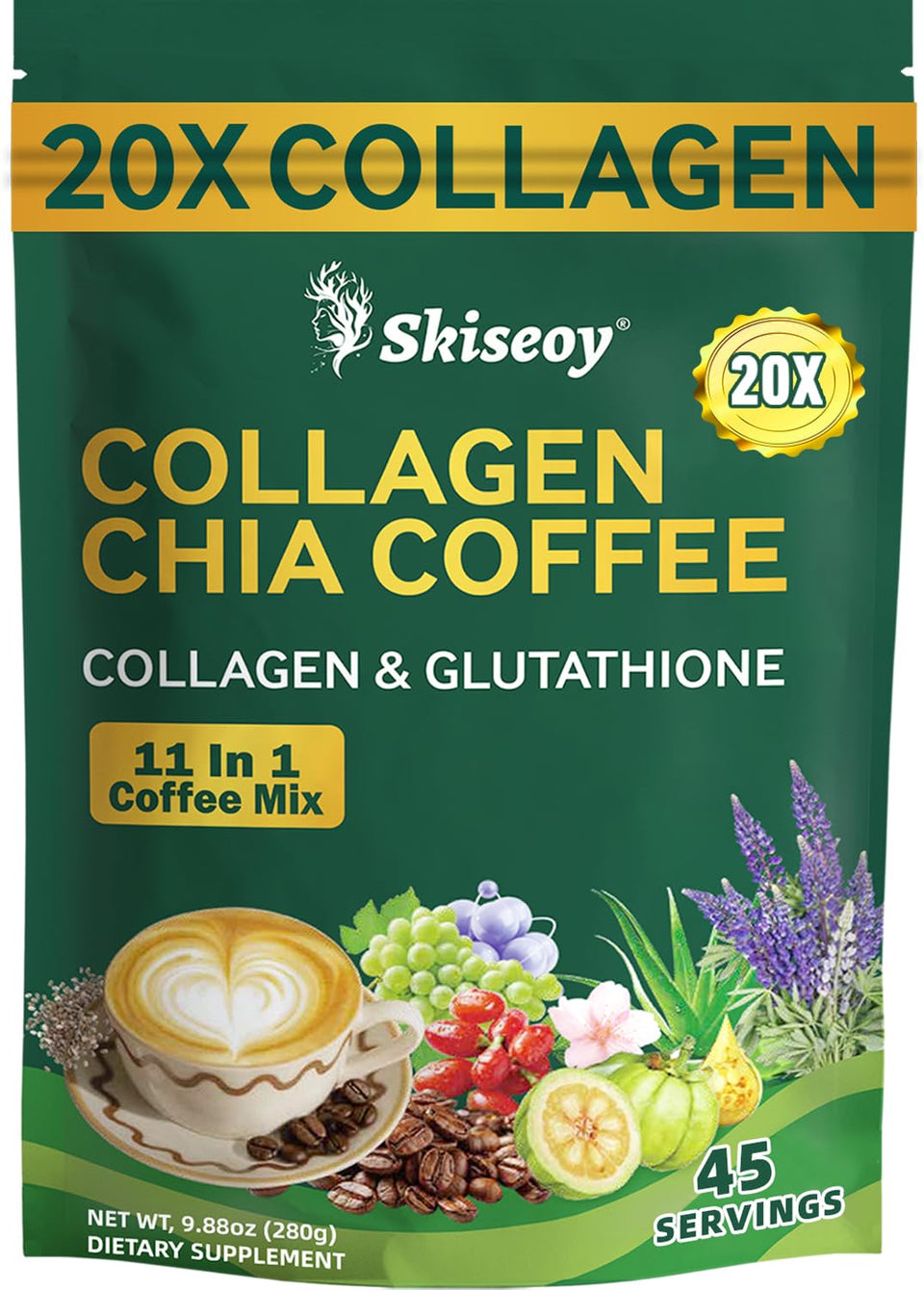 Skiseoy 20x Collagen Chia Coffee pack shot highlights premium blend for energized mornings