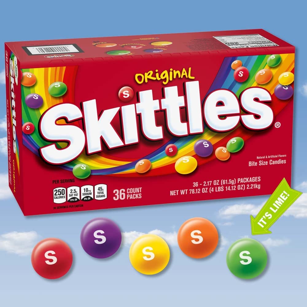 Full-size SKITTLES packs packaging highlighting classic fruit flavors.