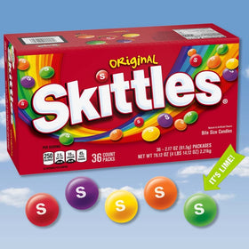 Full-size SKITTLES packs packaging highlighting classic fruit flavors.