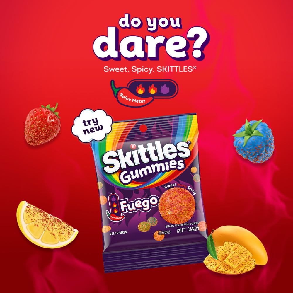 Skittles Gummies Fuego chili coating close-up: visible spice layer for extra bite.