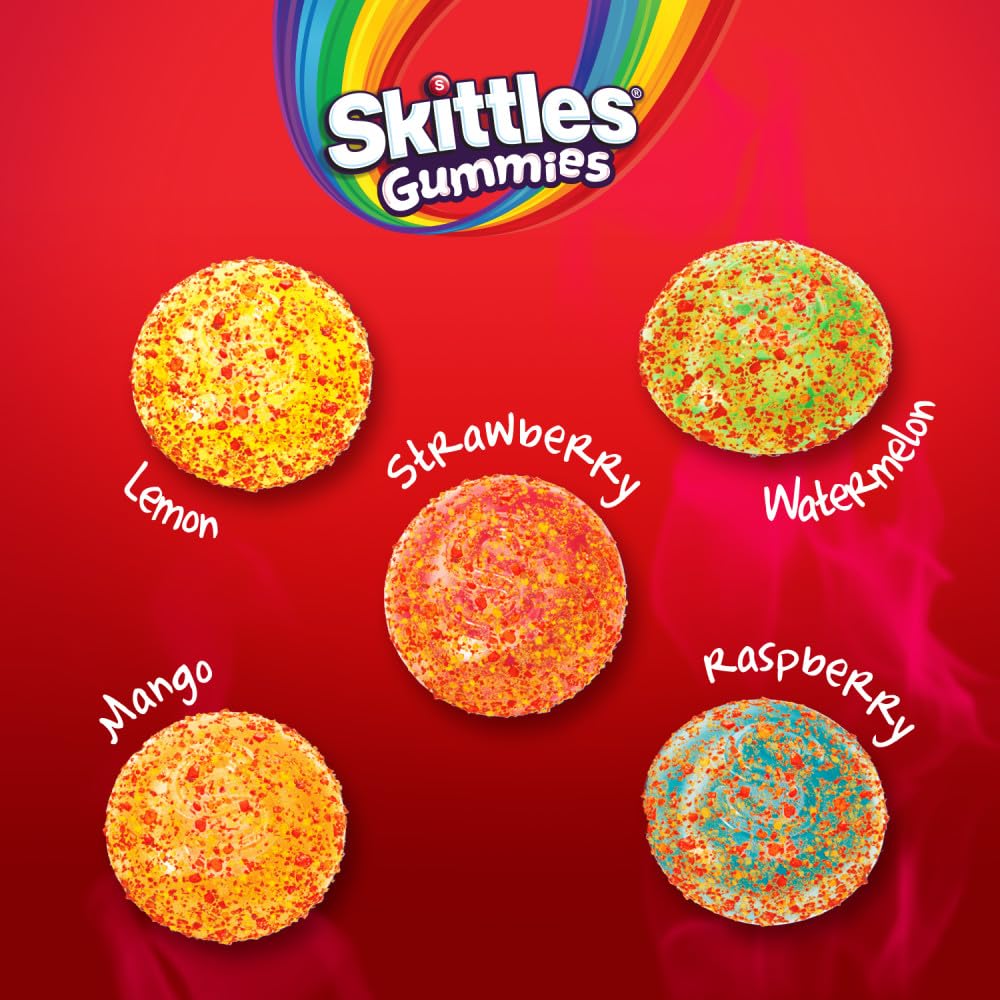 Skittles Gummies Fuego flavors collection: five fruity options with a tangy chili kick.