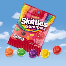 Close-up of colorful Skittles Gummies Original candies showing fruity flavors for snacking