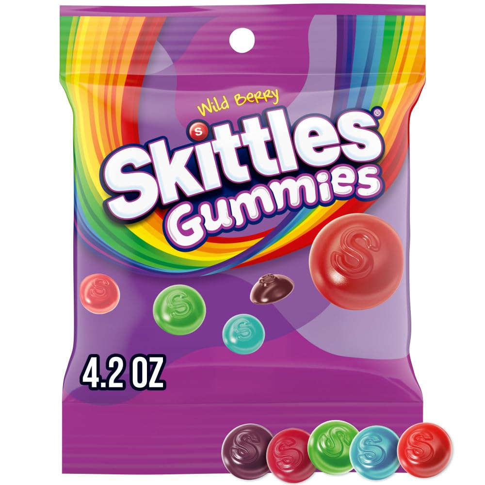 Skittles Gummies Wild Berry bag, showing chewy texture and mixed berry flavors for on-the-go snacking