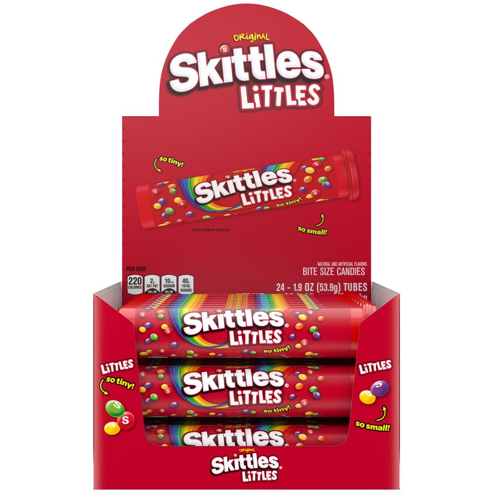 Skittles Littles original tube front view, colorful candies for sharing.