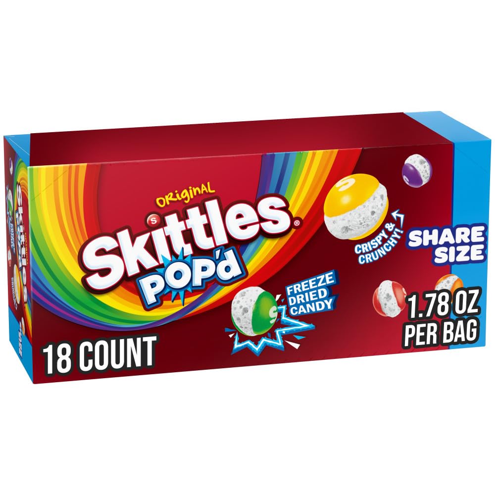 Skittles Pop'd Originals freeze-dried candy bag ready for sharing and on-the-go snacking