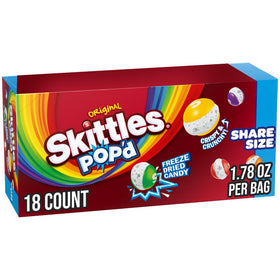 Skittles Pop'd Originals freeze-dried candy bag ready for sharing and on-the-go snacking