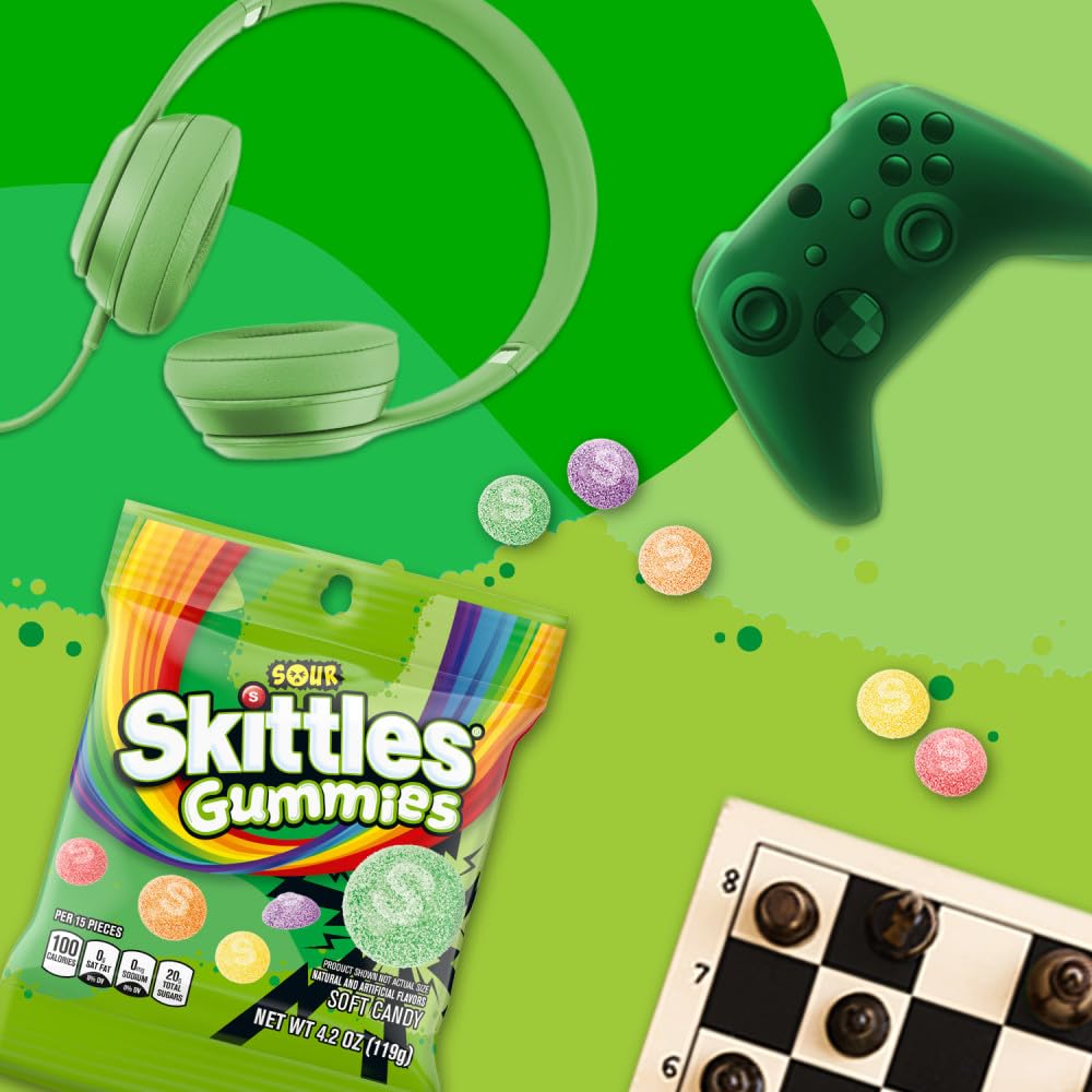 Skittles Sour Gummies rainbow display sparks snack excitement.