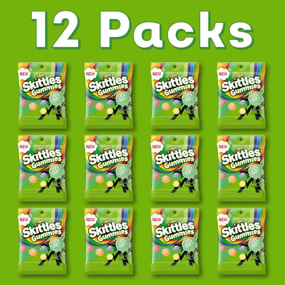 Skittles Sour Gummies packaging close-up suggests gift-ready candy