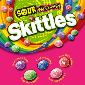 Skittles Sours Wild Berry candies close-up, vivid colors ideal for sharing.