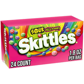 Skittles Sours Wild Berry front-pack view showcasing colorful tart chews for snacking.