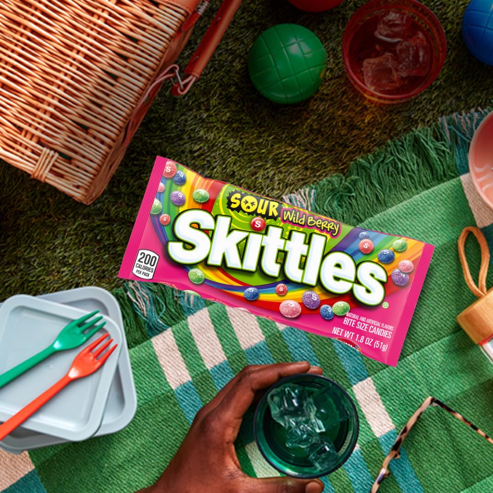 Skittles Sours Wild Berry flavor assortment shot for party table.