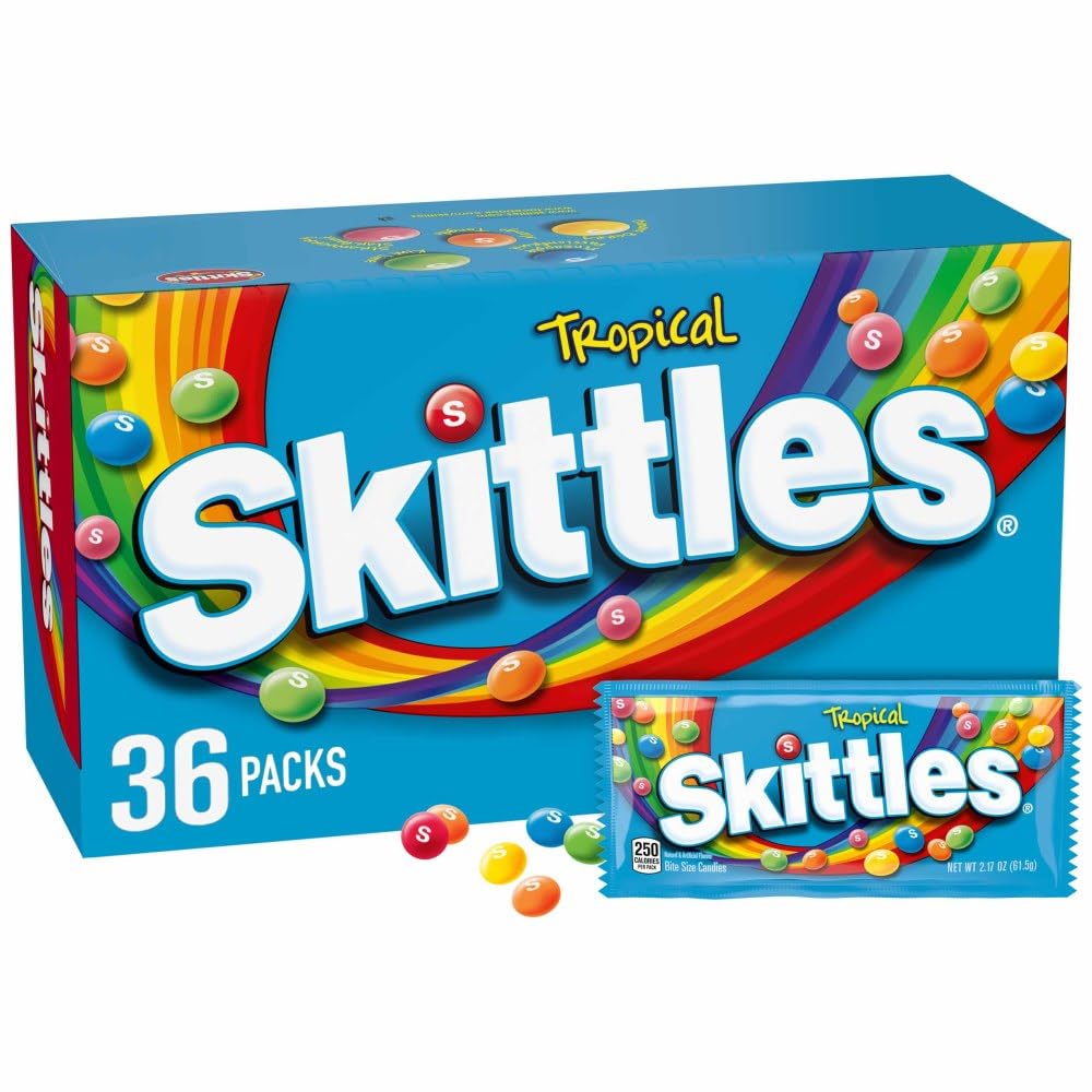 Skittles Tropical bulk box showing vibrant assortment for party favors and shared snacks.