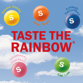 Skittles Tropical pack closeup highlights vivid colors and chewy fruit flavors.