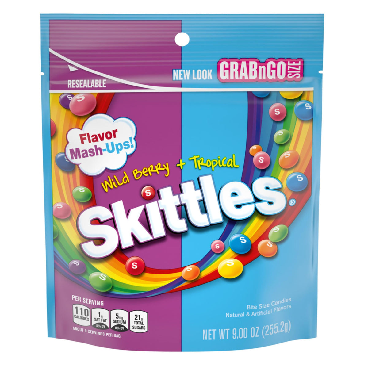 Skittles Wild Berry & Tropical Mash Up bags front view, ideal party snacking with vibrant colors.