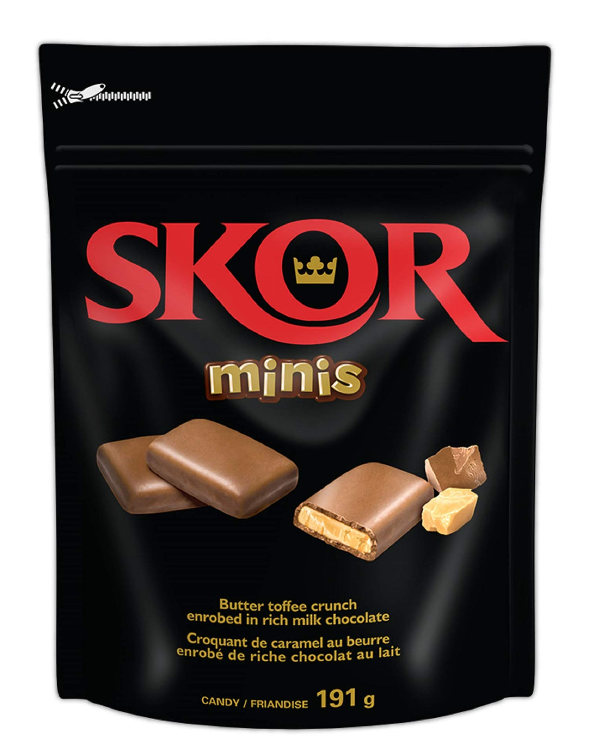 Skor Buttered Toffee Minis in bag, rich crunchy chocolate snack for anytime treat.