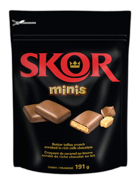 Skor Buttered Toffee Minis in bag, rich crunchy chocolate snack for anytime treat.