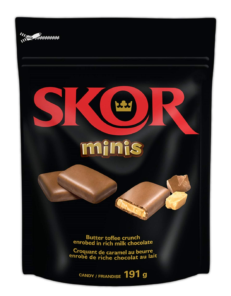 Skor Buttered Toffee Minis in bag, rich crunchy chocolate snack for anytime treat.