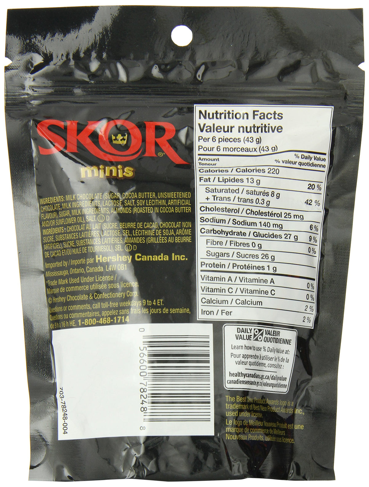 Skor Buttered Toffee Minis packaging close-up, indulgent texture for snacking.