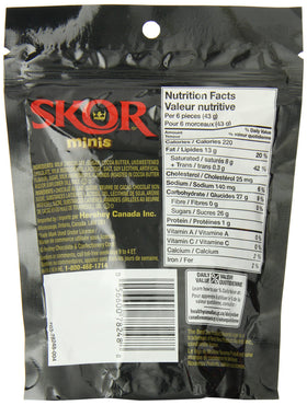 Skor Buttered Toffee Minis packaging close-up, indulgent texture for snacking.