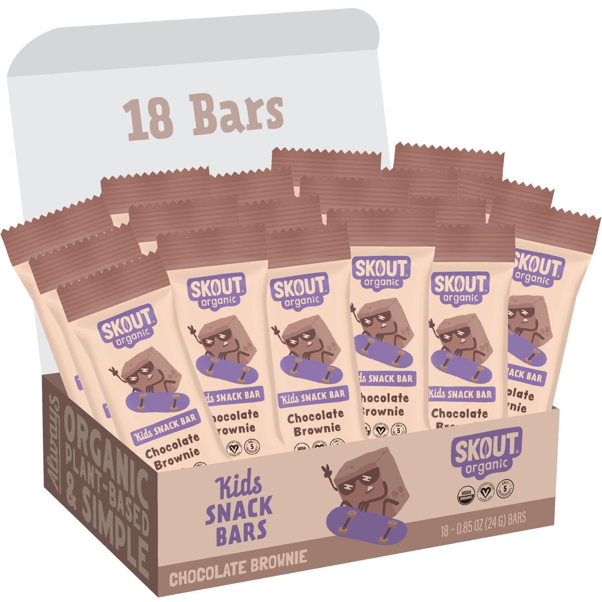 Skout Chocolate Brownie Bars 18-pack front view, ideal for busy mornings.