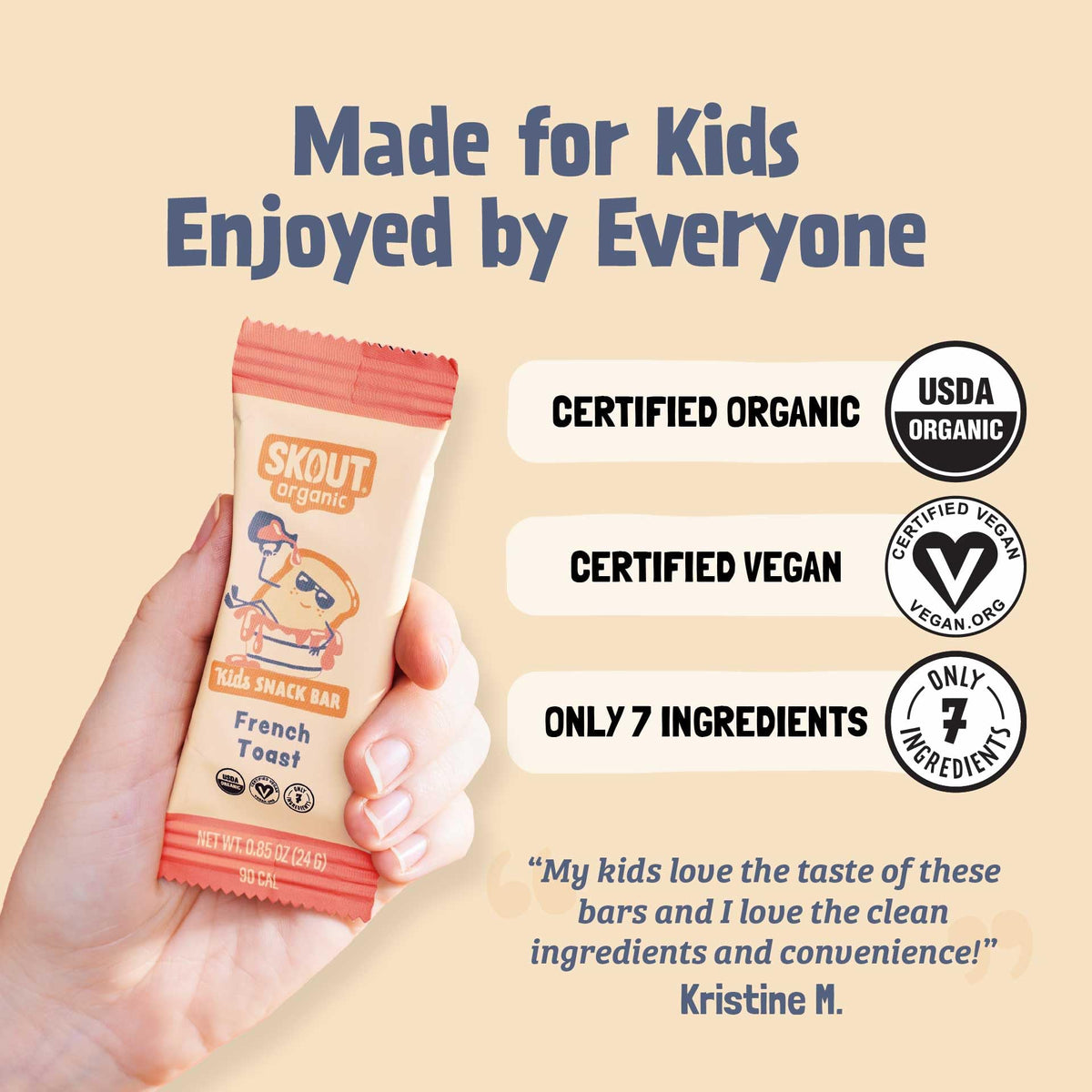 Skout French Toast bar ingredients closeup highlighting organic, plant-based goodness.