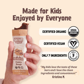 Close-up of Skout cookie dough bars with chocolate chips—vegan and dairy-free.