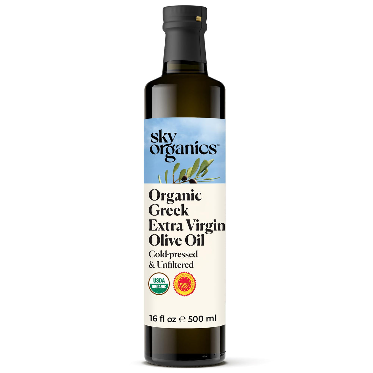 Sky Organics Organic Extra Virgin Olive Oil bottle front view showing purity and Greek origin