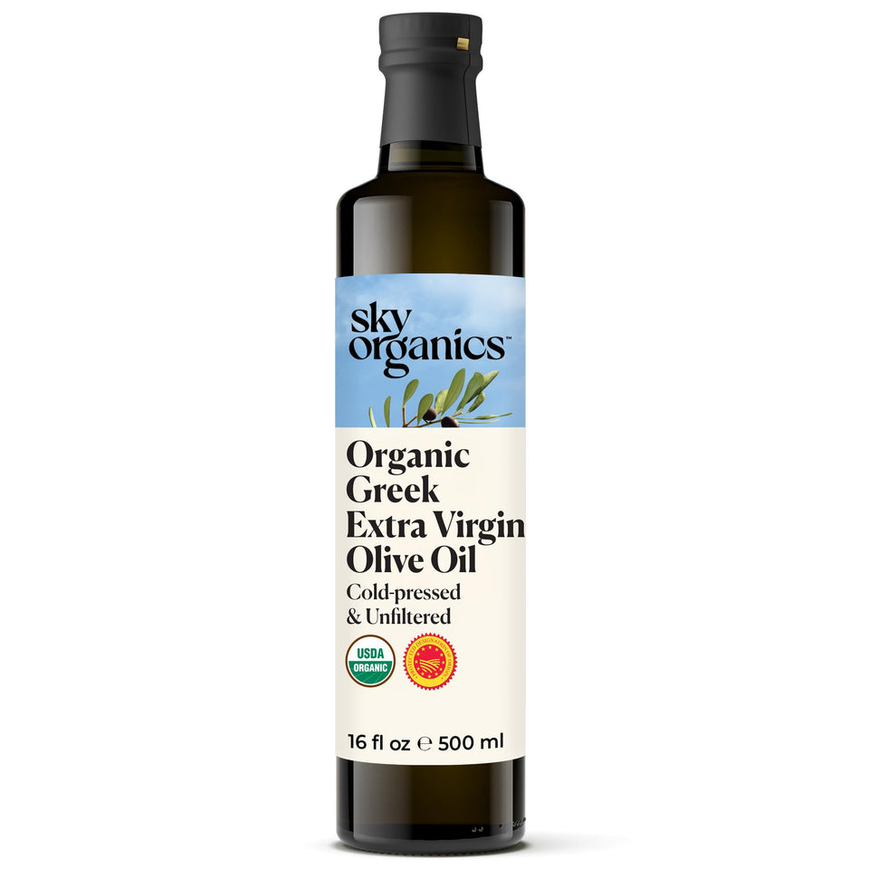 Sky Organics Organic Extra Virgin Olive Oil bottle front view showing purity and Greek origin