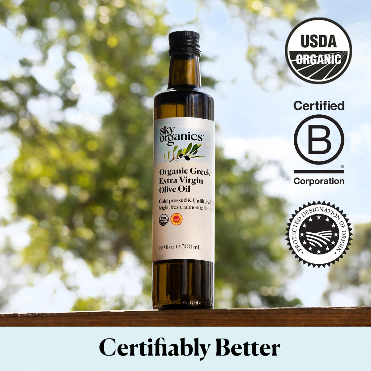 Sky Organics Organic Extra Virgin Olive Oil origin Greece emphasizes natural farming