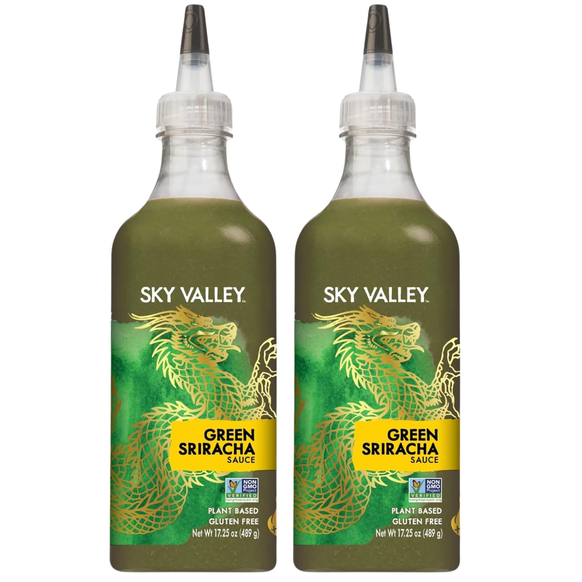 Sky Valley Green Sriracha bottle pouring spice to elevate dishes.