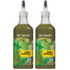 Sky Valley Green Sriracha bottle pouring spice to elevate dishes.