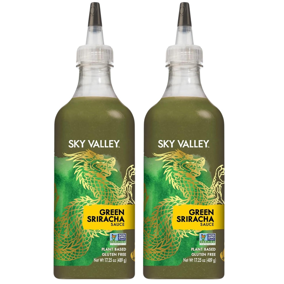 Sky Valley Green Sriracha bottle pouring spice to elevate dishes.
