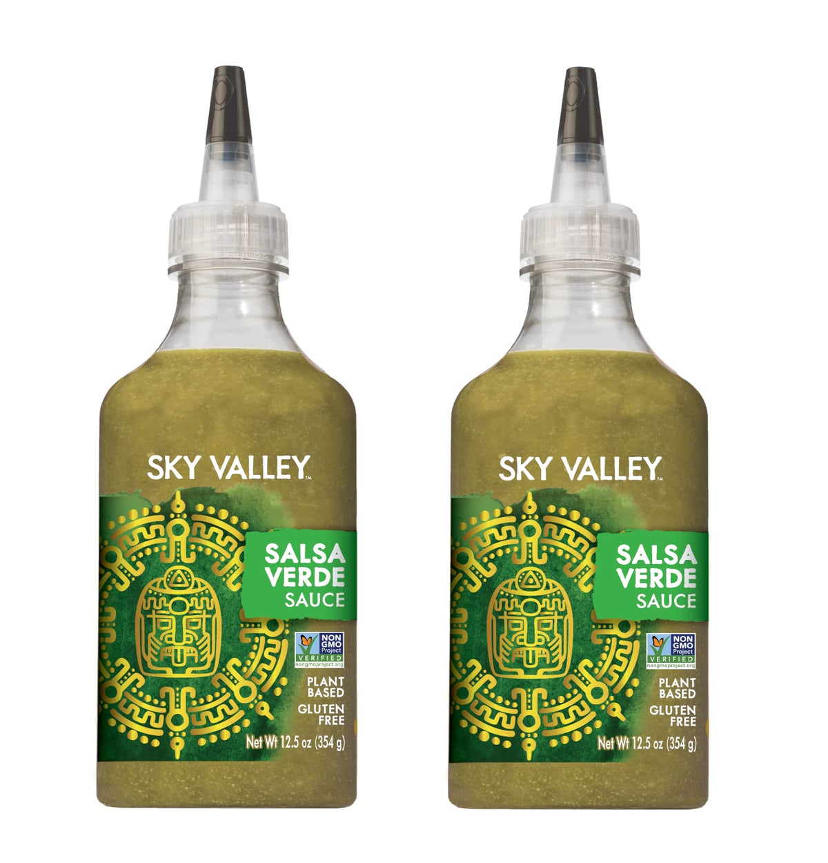 Sky Valley Salsa Verde bottle pour highlights vibrant green hue for versatile taco-night flavor.