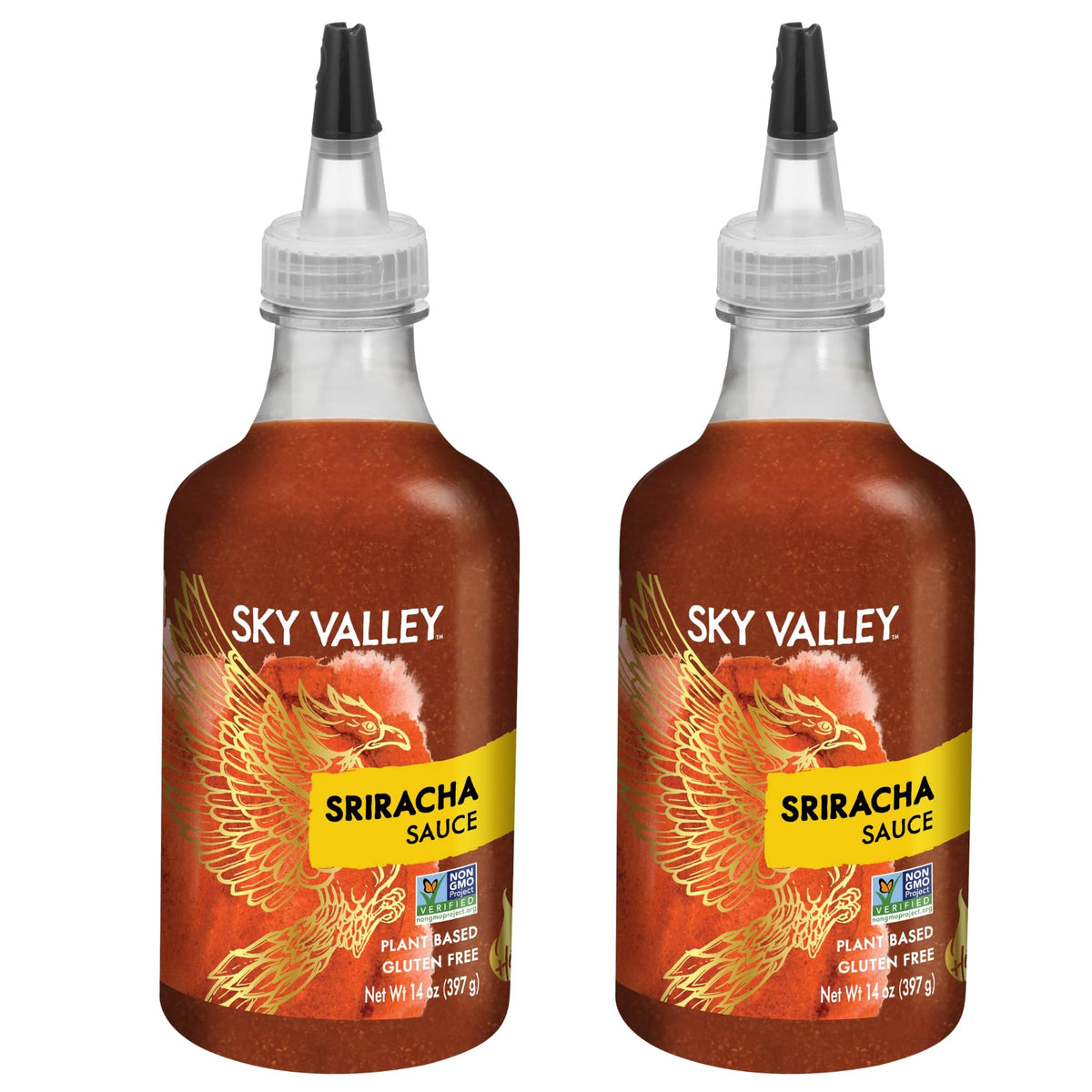 Sky Valley Sriracha bottle full shows bold flavor and vibrant heat.